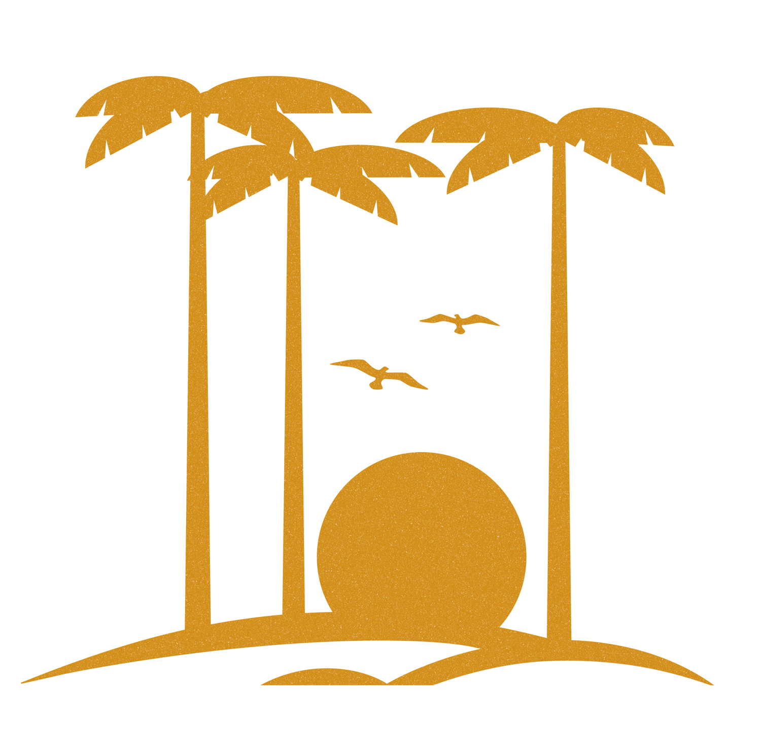 Silhouette of three palm trees in front of a sun setting low in the sky, two birds overhead.